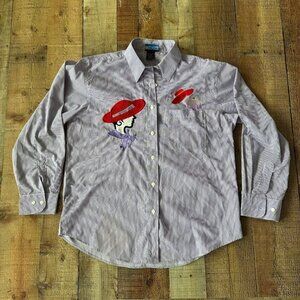 Las Olas Purple Striped Button-Up Shirt With Embroidered Red Hat Lady Design
